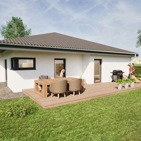 Illustration eines weißen Hauses mit Terrasse